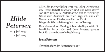 Traueranzeige von Hilde Petersen von Schleswiger Nachrichten