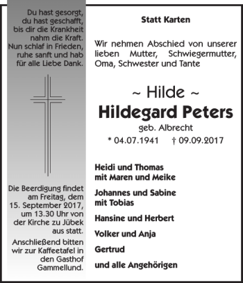 Traueranzeige von Hildegard Peters von Schleswiger Nachrichten
