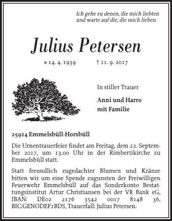 Traueranzeige von Julius Petersen von Nordfriesland Tageblatt