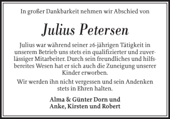 Traueranzeige von Julius Petersen von Nordfriesland Tageblatt