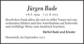 Traueranzeige von Jürgen Bade von Norddeutsche Rundschau