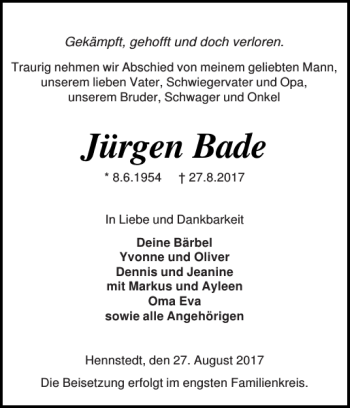 Traueranzeige von Jürgen Bade von Norddeutsche Rundschau