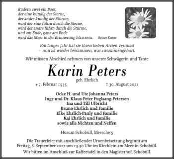 Traueranzeige von Karin Peters von Husumer Nachrichten