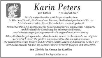 Traueranzeige von Karin Peters von Husumer Nachrichten