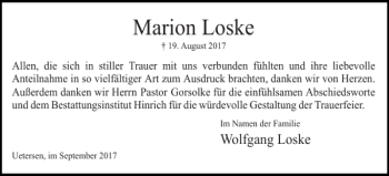 Traueranzeige von Marion Loske von Uetersener Nachrichten