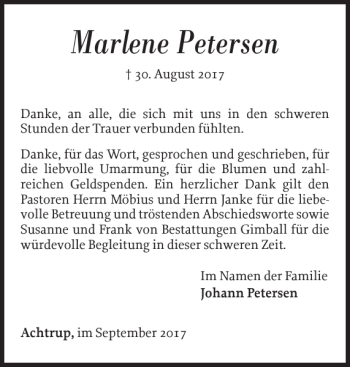 Traueranzeige von Marlene Petersen von Nordfriesland Tageblatt