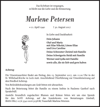 Traueranzeige von Marlene Petersen von Nordfriesland Tageblatt
