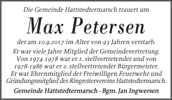 Traueranzeige von Max Petersen von Husumer Nachrichten