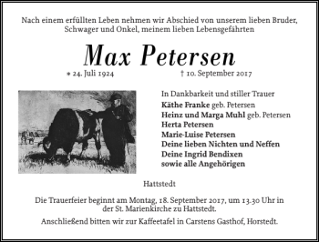 Traueranzeige von Max Petersen von Husumer Nachrichten
