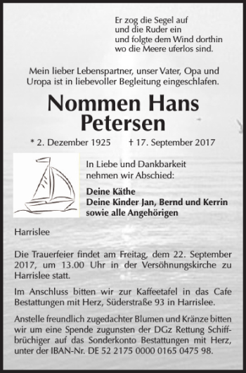 Traueranzeige von Nommen Hans Petersen von Flensburger Tageblatt
