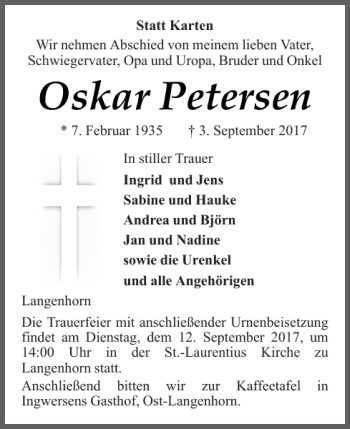 Traueranzeige von Oskar Petersen von Husumer Nachrichten