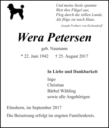 Traueranzeige von Wera Petersen von Elmshorner Nachrichten