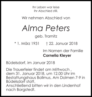 Traueranzeige von Alma Peters von Landeszeitung
