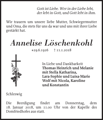 Traueranzeige von Annelise Löschenkohl von Schleswiger Nachrichten