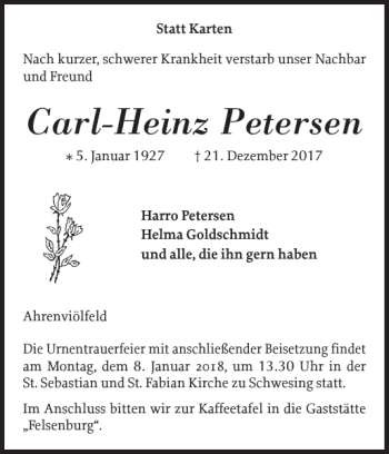 Traueranzeige von Carl-Heinz Petersen von Husumer Nachrichten