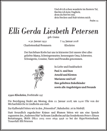 Traueranzeige von Elli Gerda Liesbeth Petersen von Flensburger Tageblatt