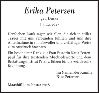 Traueranzeige von Erika Petersen von Nordfriesland Tageblatt