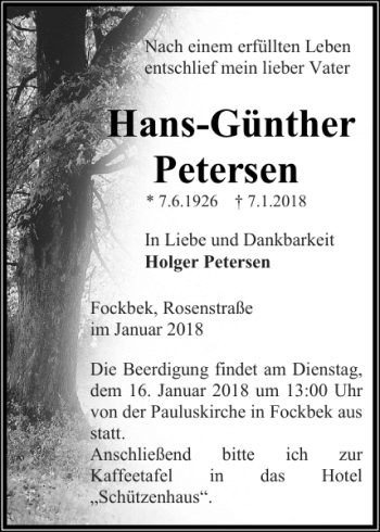 Traueranzeige von Hans-Günther Petersen von Landeszeitung