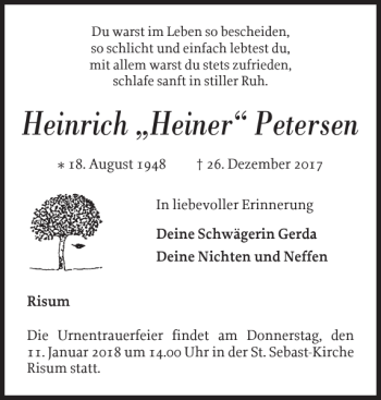 Traueranzeige von Heinrich Heiner Petersen von Nordfriesland Tageblatt