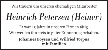 Traueranzeige von Heinrich Petersen Heiner von Nordfriesland Tageblatt