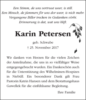 Traueranzeige von Karin Petersen von Husumer Nachrichten