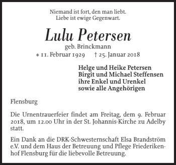Traueranzeige von Lulu Petersen von Flensburger Tageblatt