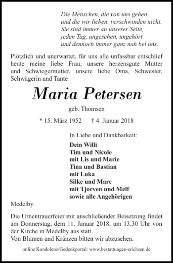 Traueranzeige von Maria Petersen von Flensburger Tageblatt