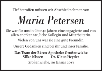 Traueranzeige von Maria Petersen von Flensburger Tageblatt