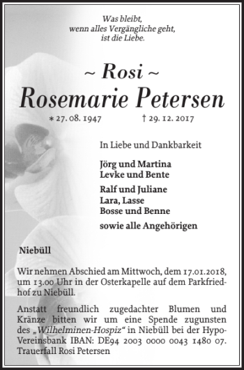 Traueranzeige von Rosemarie Petersen von Nordfriesland Tageblatt