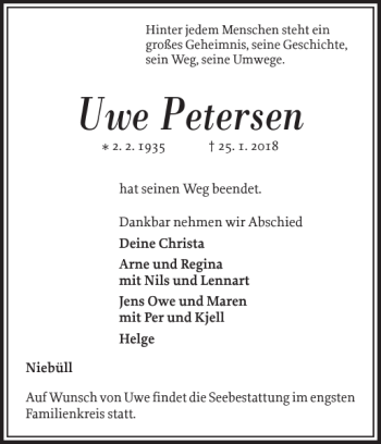 Traueranzeige von Uwe Petersen von Nordfriesland Tageblatt