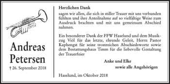 Traueranzeige von Andreas Petersen von Husumer Nachrichten