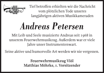 Traueranzeige von Andreas Petersen von Husumer Nachrichten