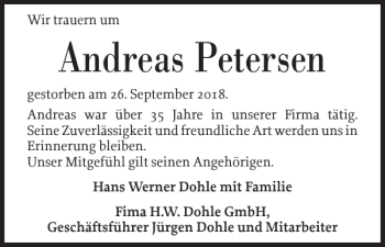 Traueranzeige von Andreas Petersen von Husumer Nachrichten