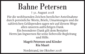 Traueranzeige von Bahne Petersen von Husumer Nachrichten