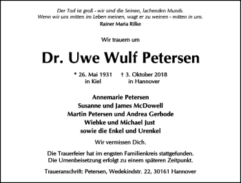 Traueranzeige von Dr. Uwe Wulf Petersen von Ostholsteiner Anzeiger