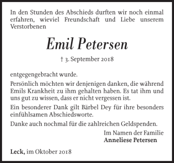 Traueranzeige von Emil Petersen von Nordfriesland Tageblatt