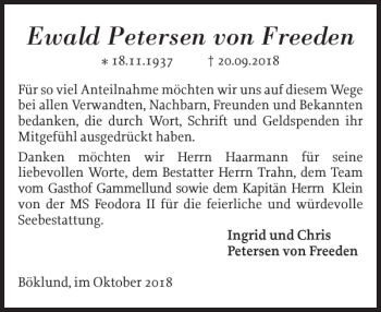 Traueranzeige von Ewald Petersen von Freeden von Schleswiger Nachrichten