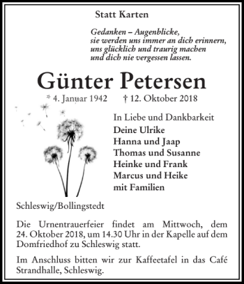 Traueranzeige von Günter Petersen von Flensburger Tageblatt