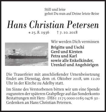 Traueranzeige von Hans Christian Petersen von Flensburger Tageblatt