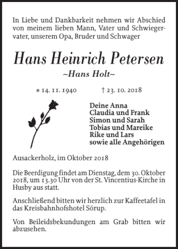 Traueranzeige von Hans Heinrich Petersen von Flensburger Tageblatt