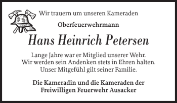 Traueranzeige von Hans Heinrich Petersen von Flensburger Tageblatt