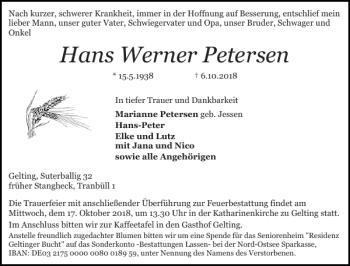 Traueranzeige von Hans Werner Petersen von Flensburger Tageblatt