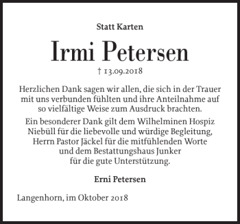 Traueranzeige von Irmi Petersen von Husumer Nachrichten