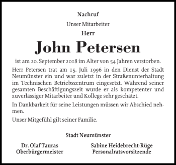 Traueranzeige von John Petersen von Holsteinischer Courier