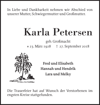 Traueranzeige von Karla Petersen von Elmshorner Nachrichten
