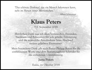 Traueranzeige von Klaus Peters von Ostholsteiner Anzeiger