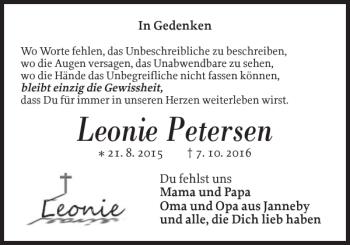 Traueranzeige von Leonie Petersen von Flensburger Tageblatt