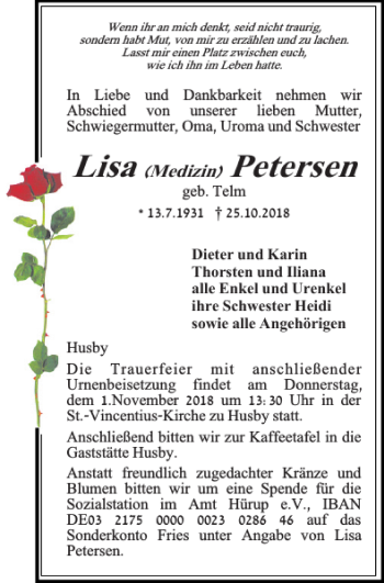 Traueranzeige von Lisa Petersen von Flensburger Tageblatt
