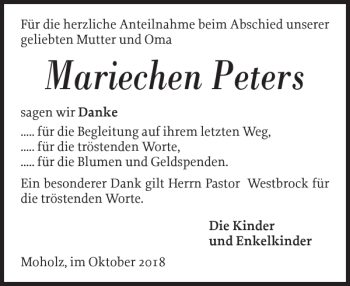 Traueranzeige von Mariechen Peters von Landeszeitung