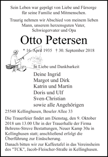 Traueranzeige von Otto Petersen von Landeszeitung